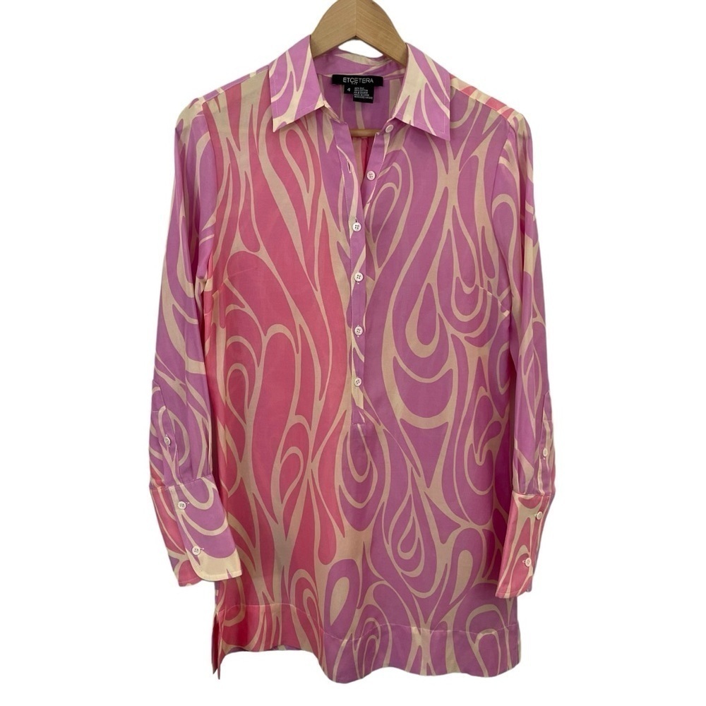 Etcetera Silk Blend Popover Tunic Womens Sz 4 Small Pink Swirl Top Blouse EUC